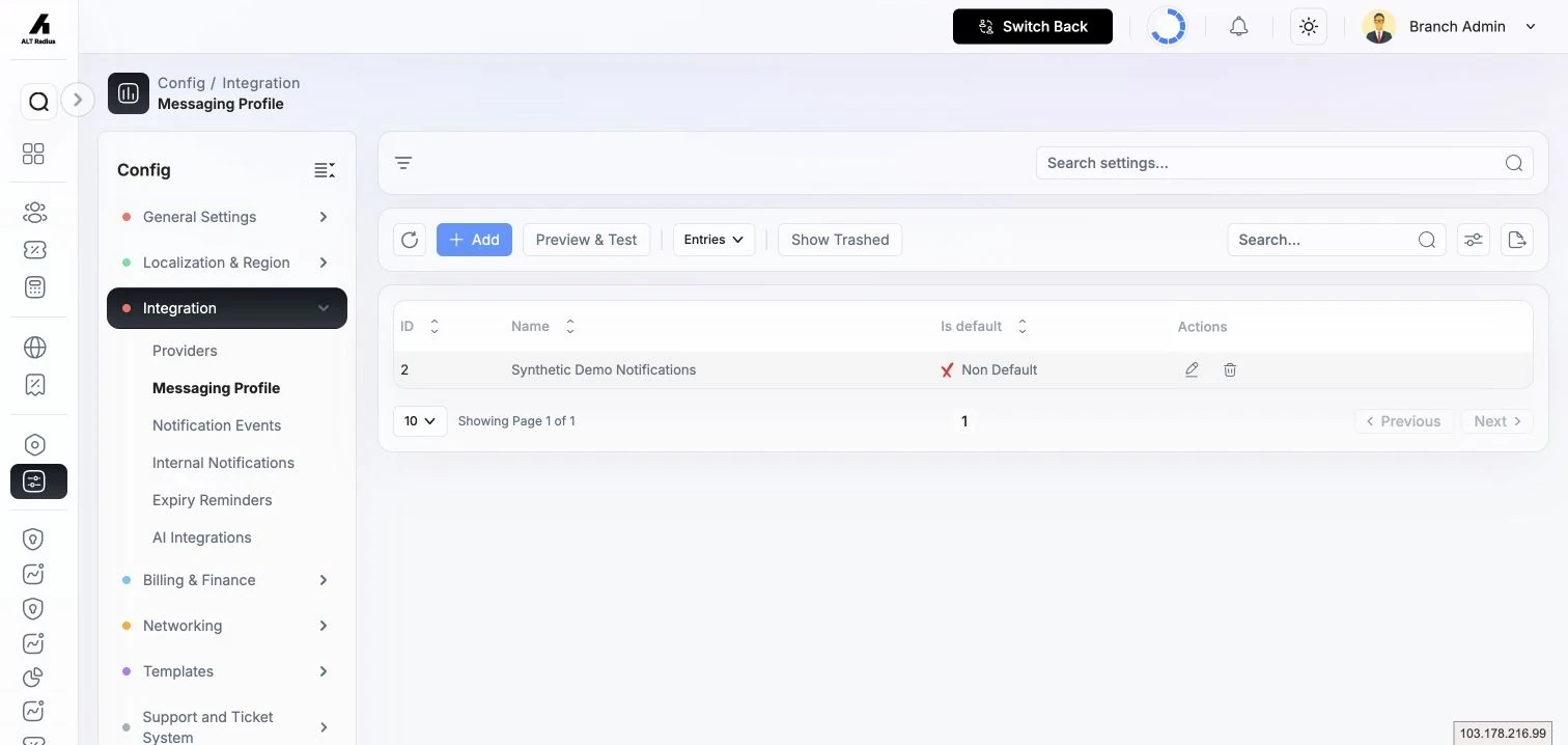 Messaging Profiles page showing configured communication profiles and management actions.