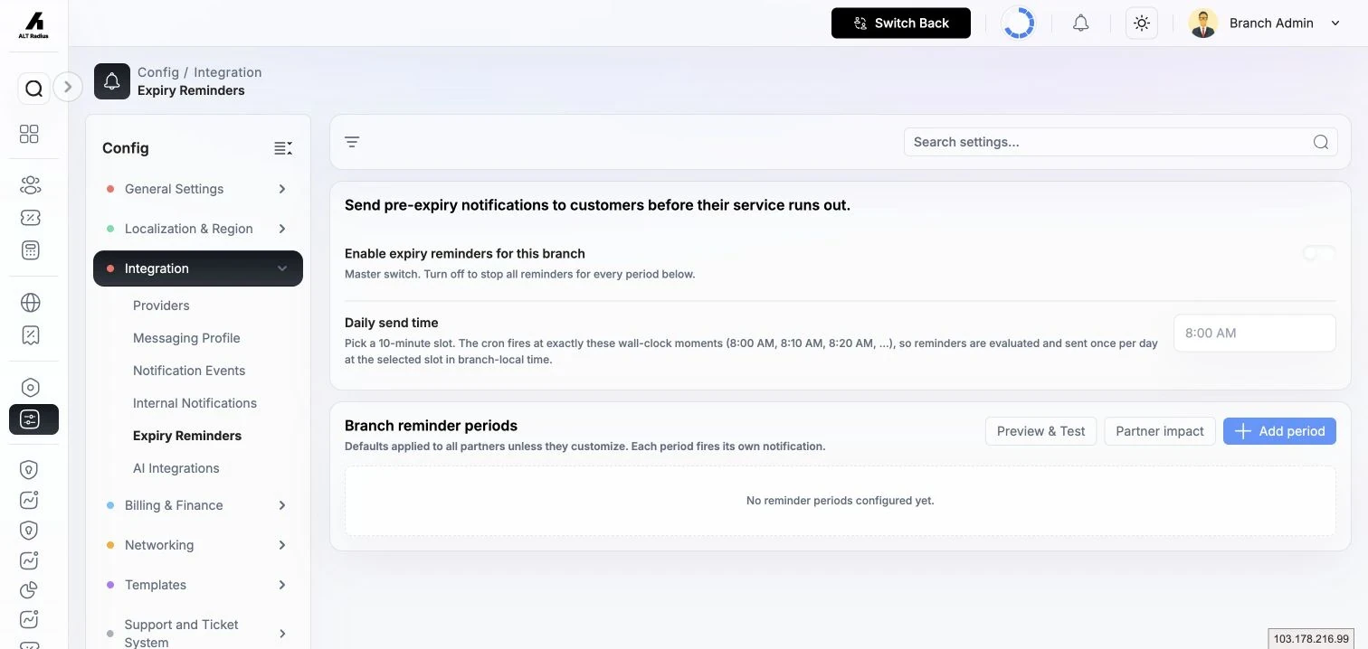 Expiry Reminders settings with reminder periods and communication-channel readiness.