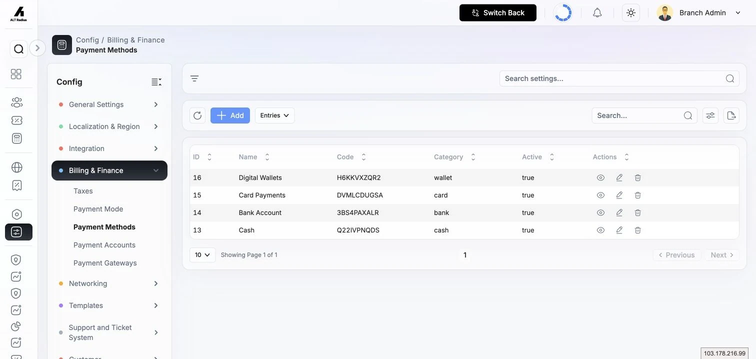 Payment Methods page showing configured methods and payment-management actions.