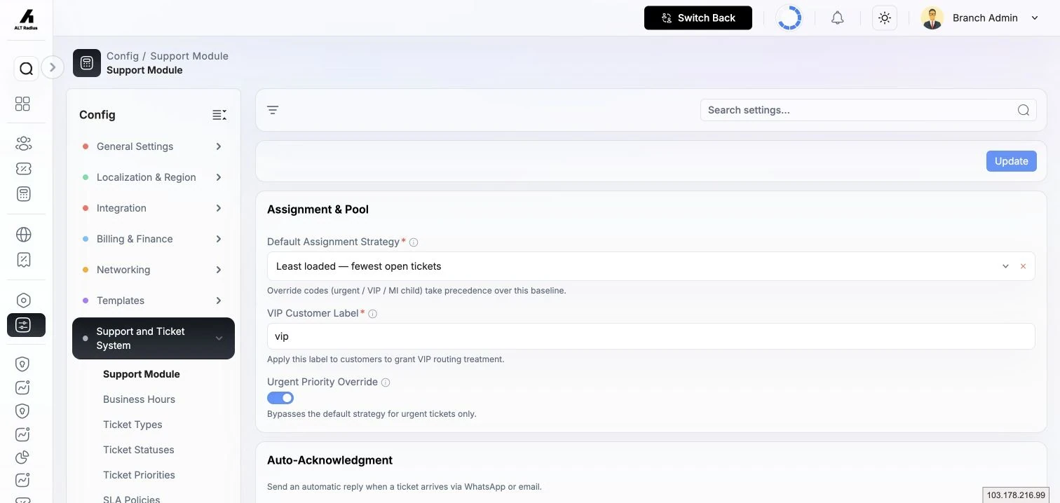 Support Module settings for ticket assignment, acknowledgements, and SLA behavior.