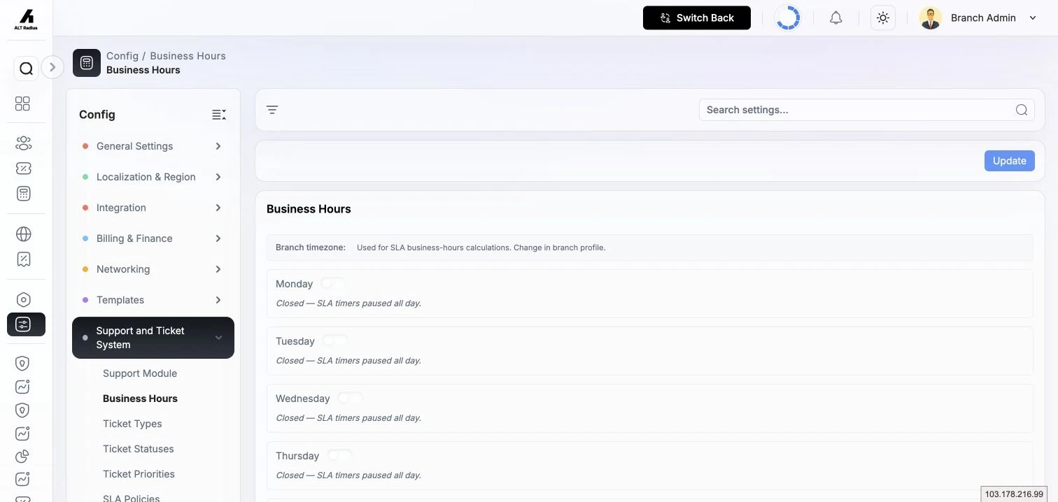 Business Hours settings showing the support schedule for each day.