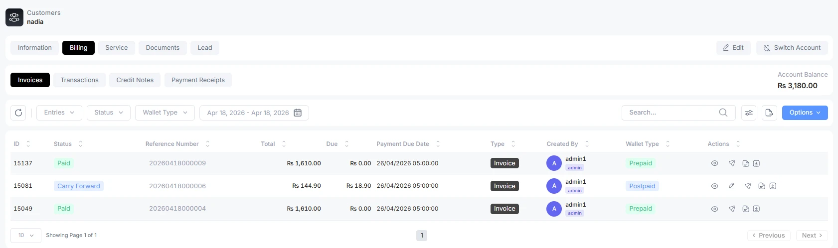 invoice section under customer