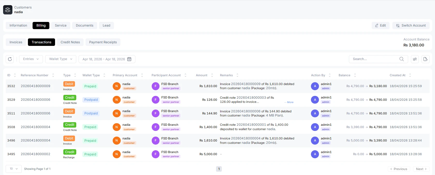 transaction section of customer