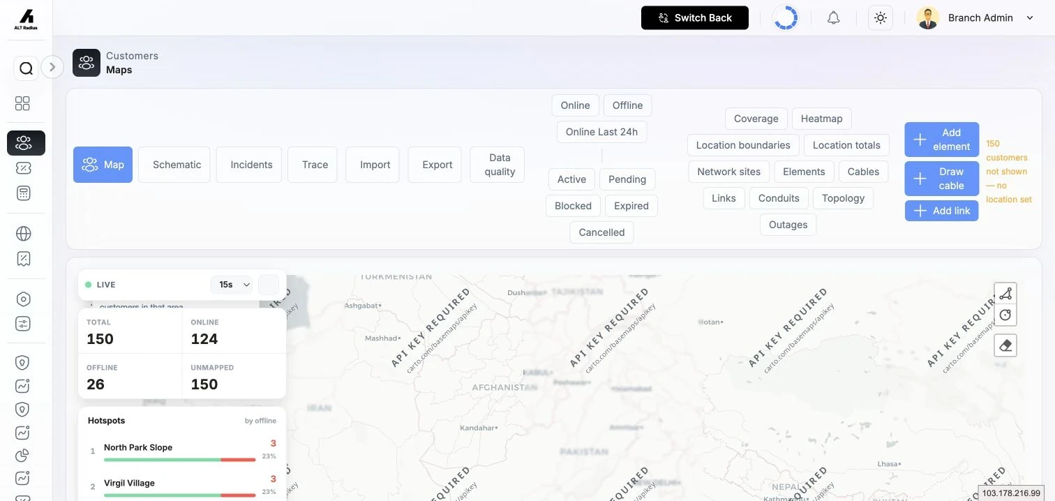AltRadius Customer Map showing view controls, customer filters, topology layers, and the NOC command rail.
