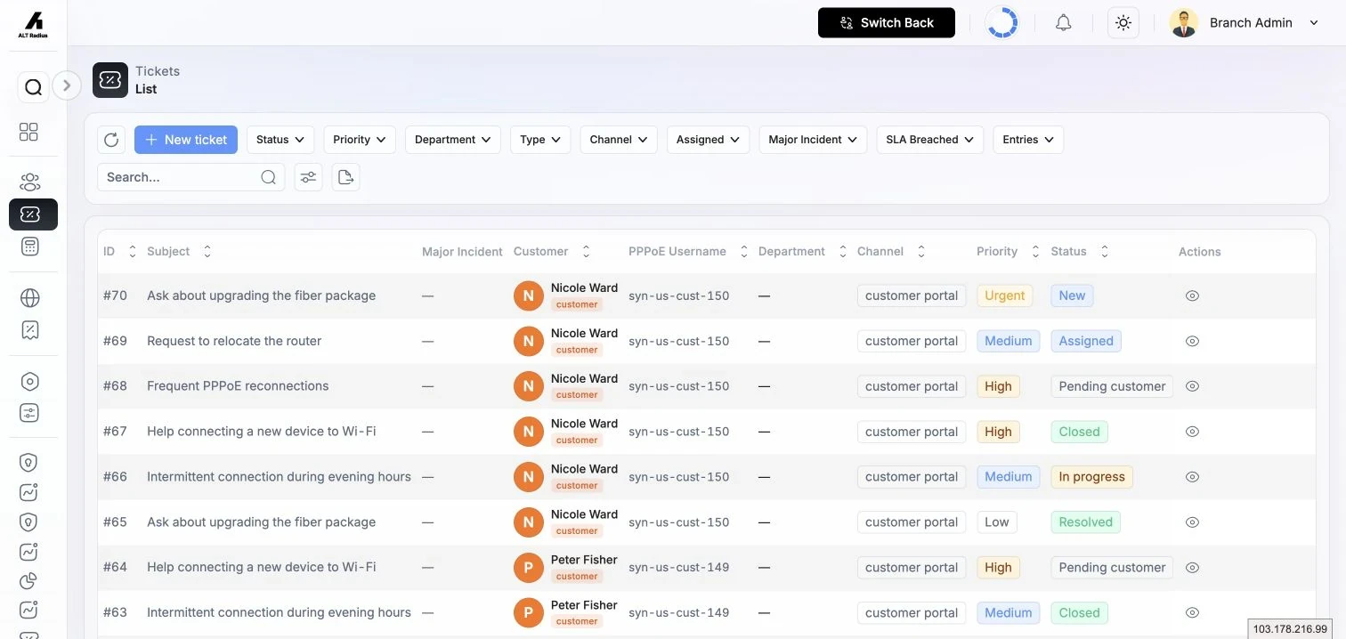 Tickets list with filters, ticket records, and the New Ticket action.