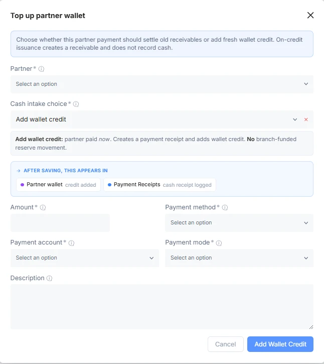 Partner top up wallet add