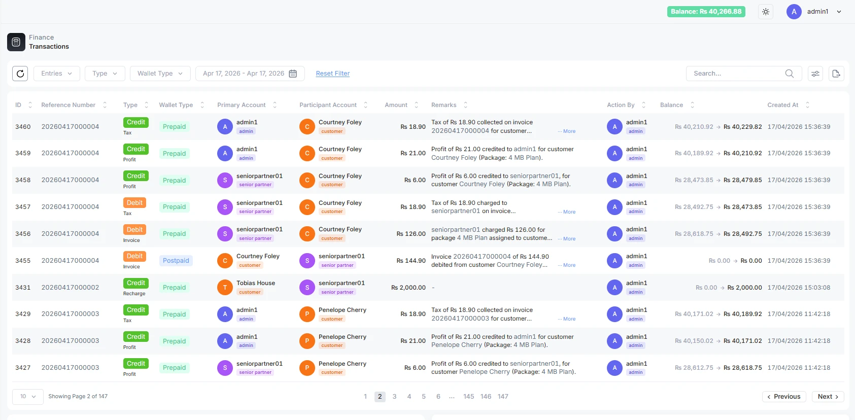 Finance transaction ledger with filters and account activity