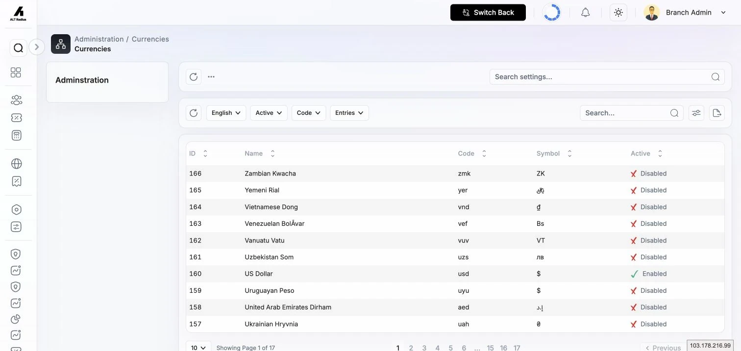 Currencies list showing currency names, codes, symbols, status, and filters.