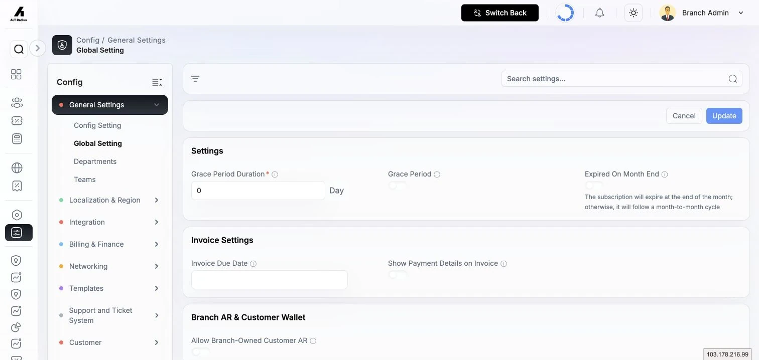 Branch Settings overview showing grouped administration settings for the selected branch.
