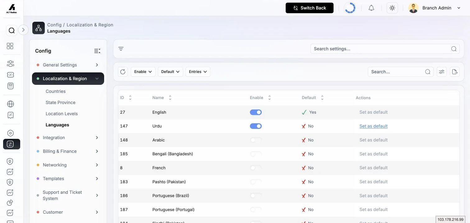 Languages list showing enabled languages, the default language, and language actions.