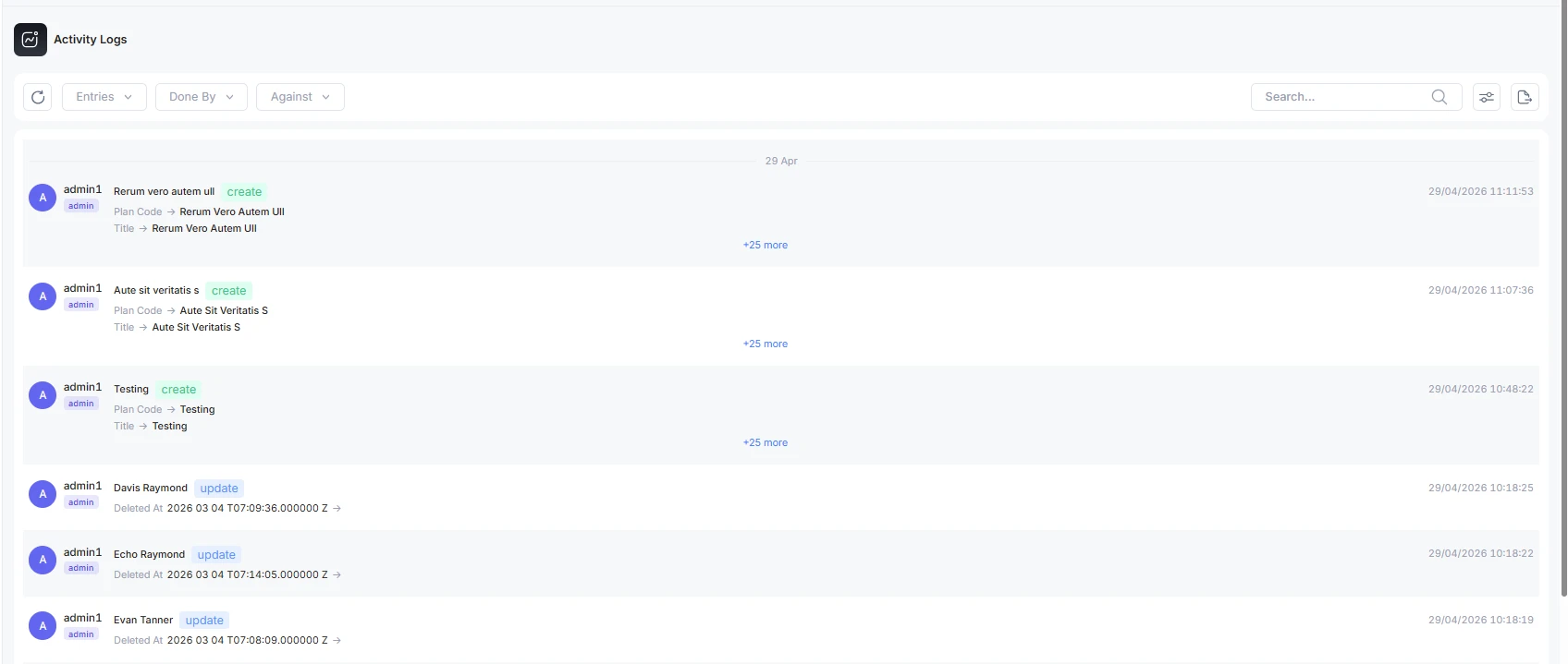 Activity log showing the operator, event, and recorded changes