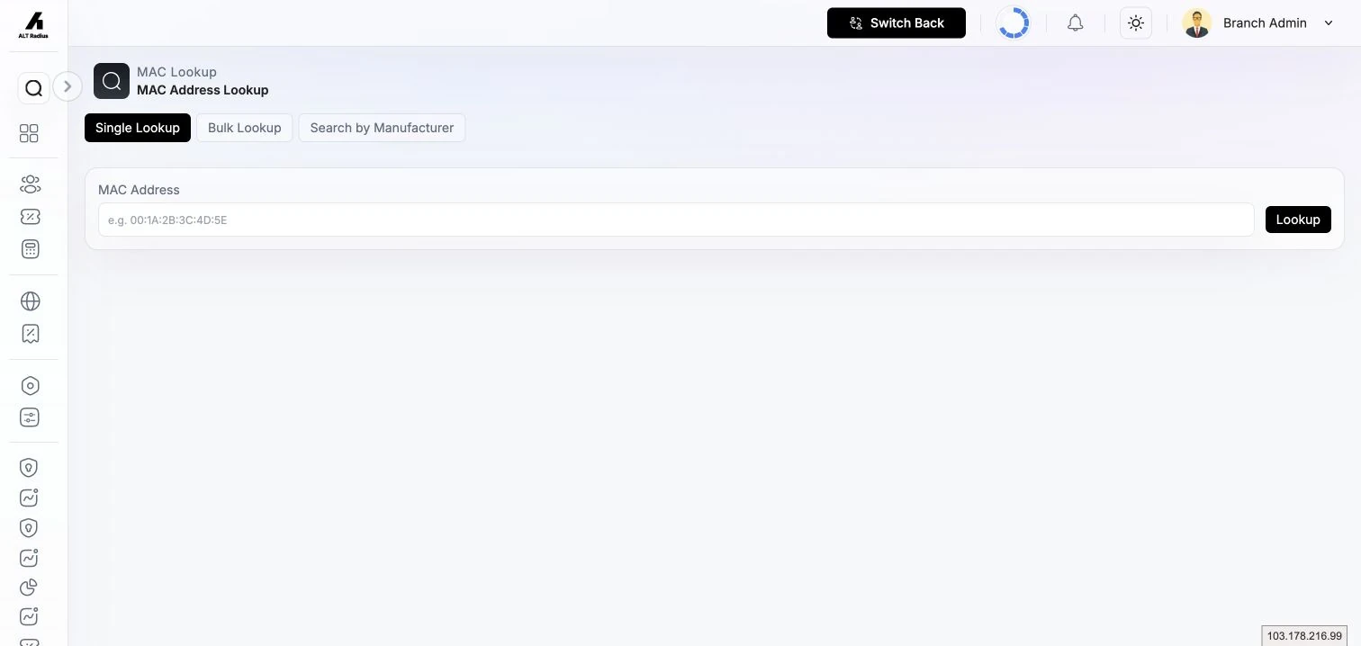 MAC Lookup tool showing single, bulk, and manufacturer search options.