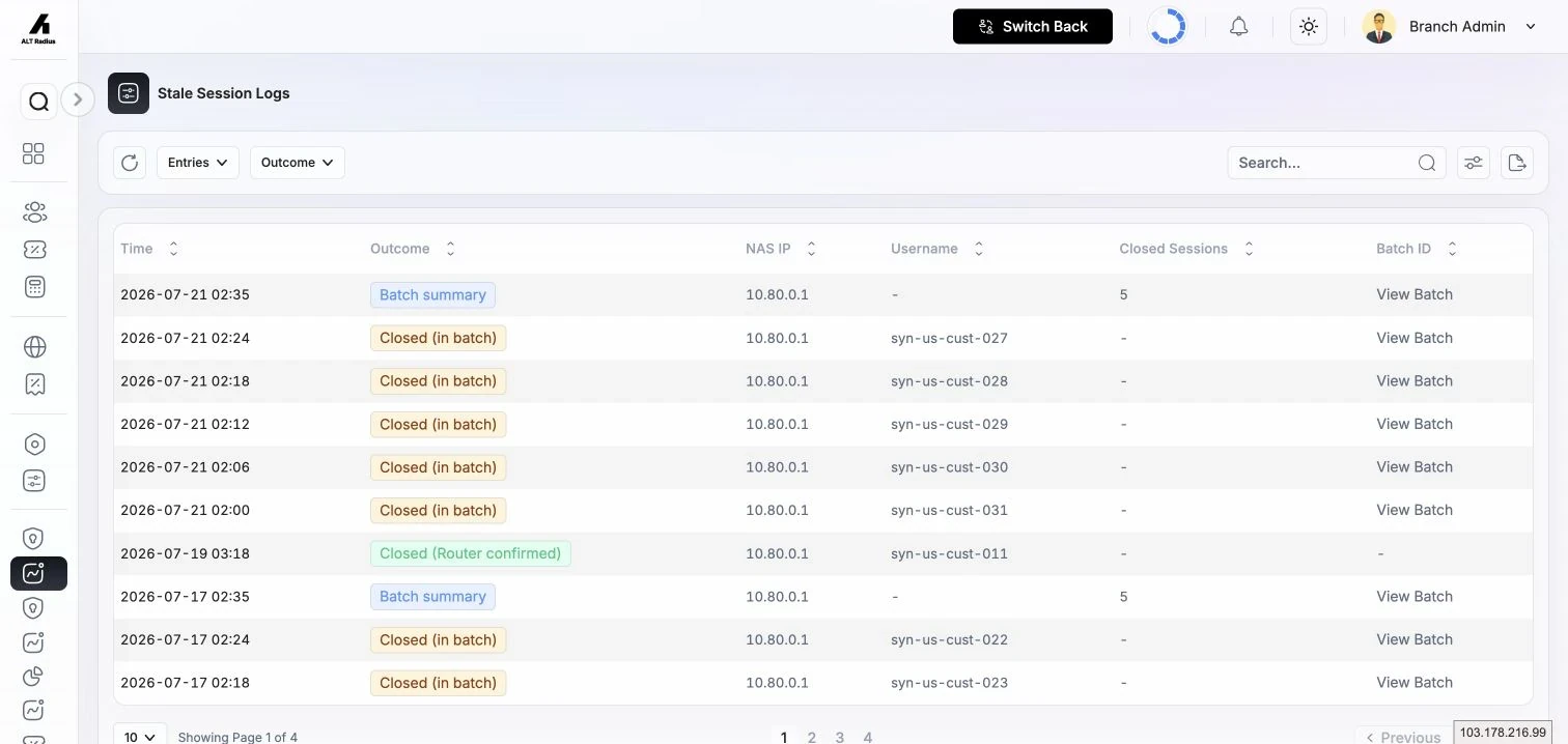 Stale Session Cleanup Logs showing cleanup outcomes, affected sessions, and batch details.