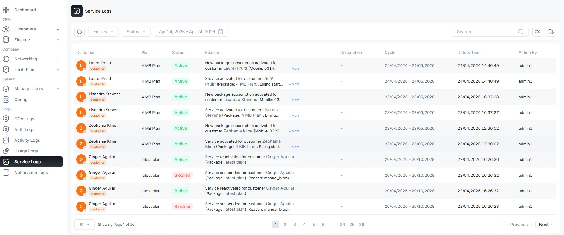 Service log with customer, plan, status, reason, billing cycle, and operator