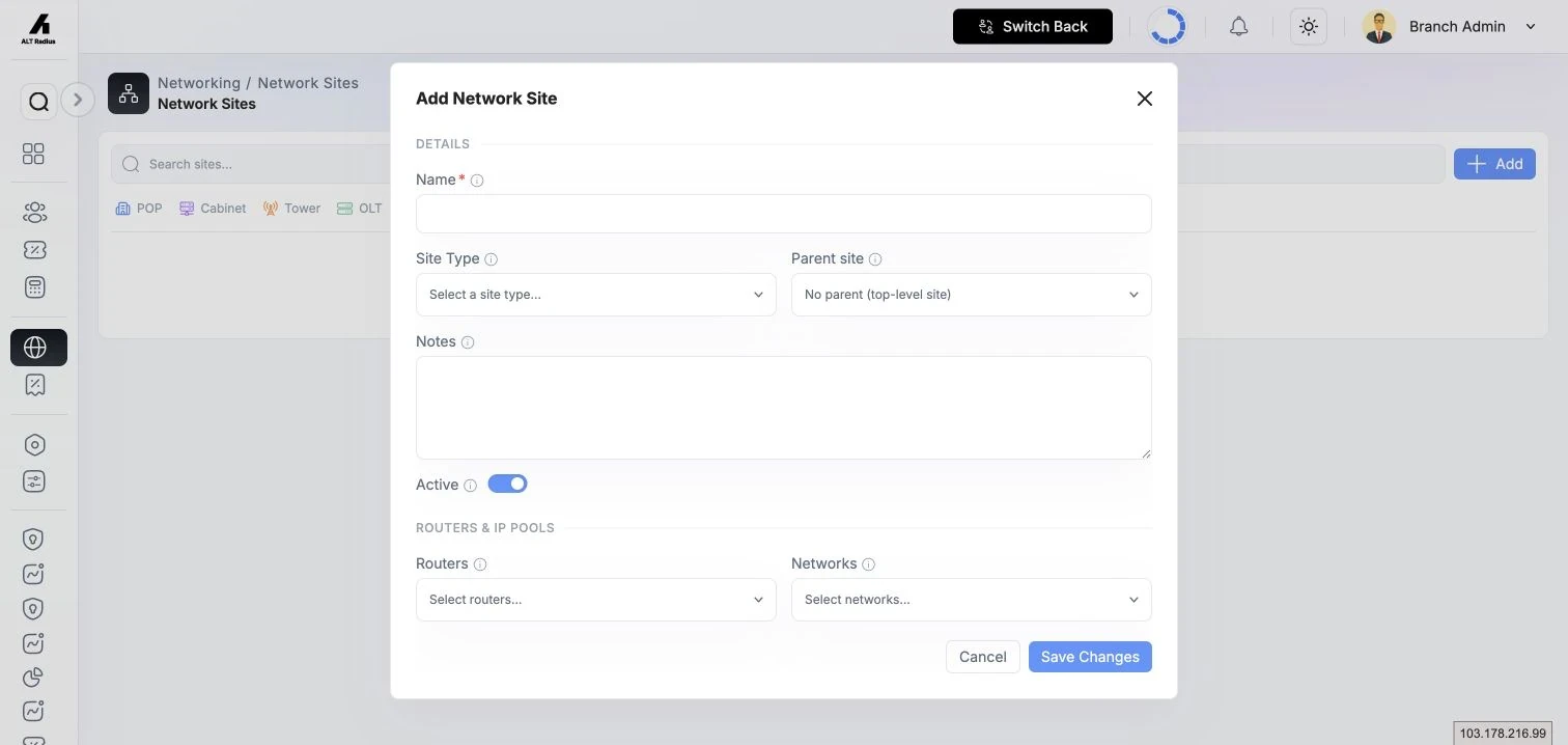 Add Network Site form with site type, parent site, notes, active status, routers, and IP pools.