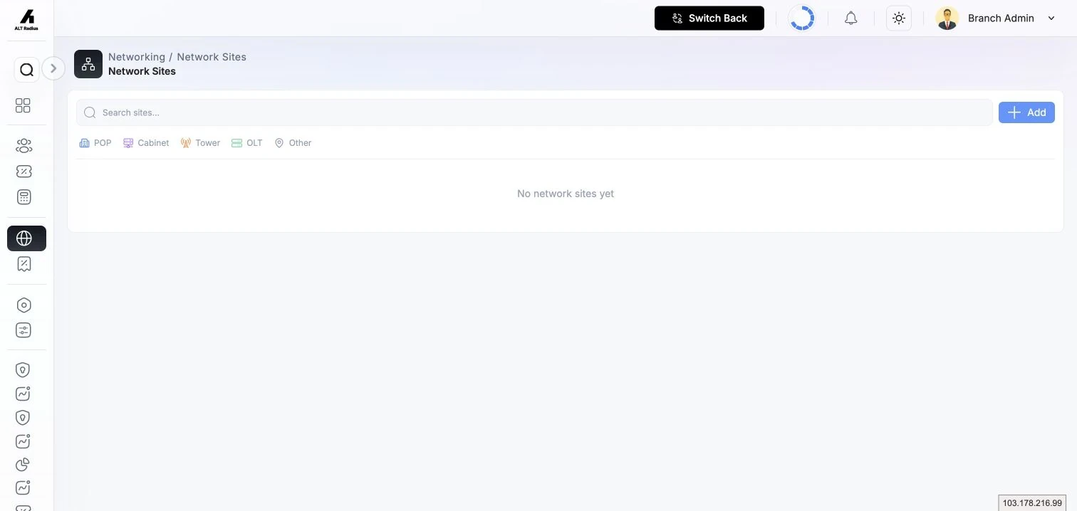 Network Sites page showing the branch site list and available actions.