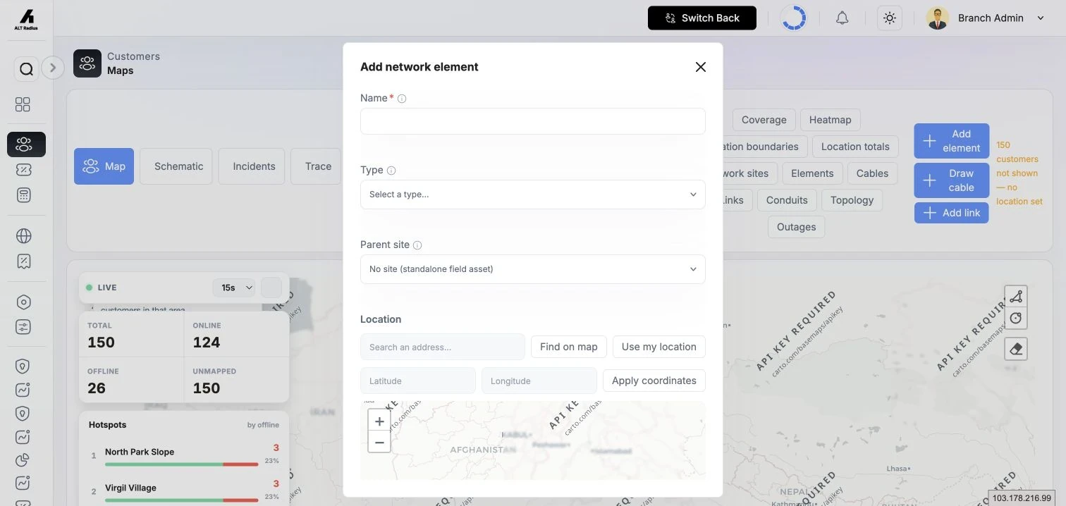 Add Network Element form with element details, parent site, location, notes, and active status.