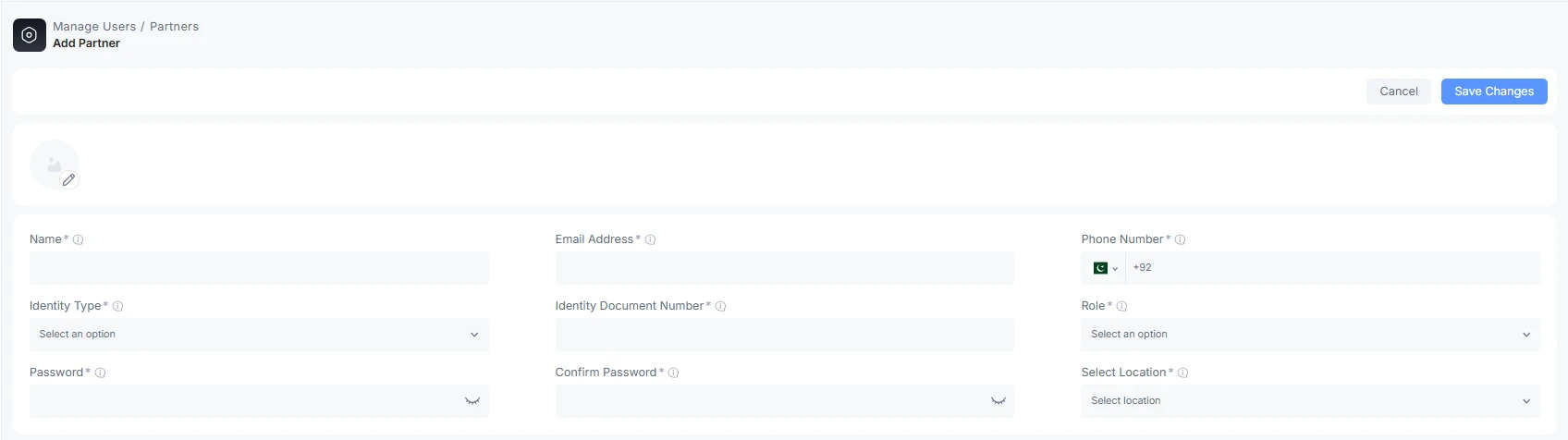 Add Senior Partner form with identity, role, password, and location fields