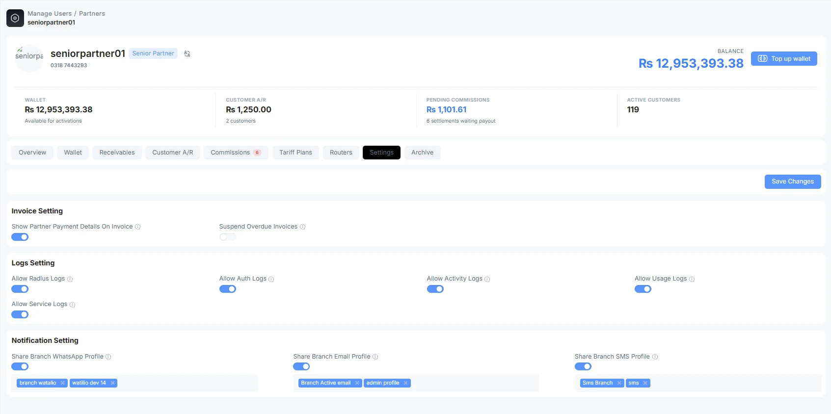 Partner settings for invoices, log visibility, and shared notifications