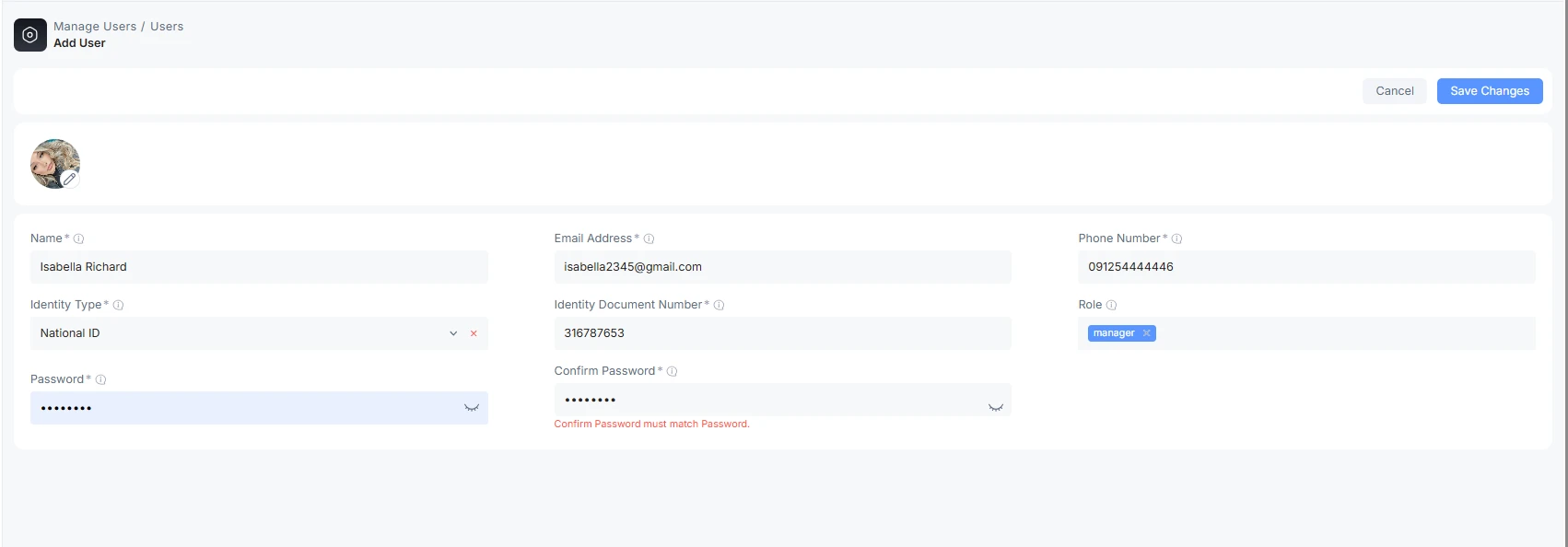 Add User form for staff identity, role and login information