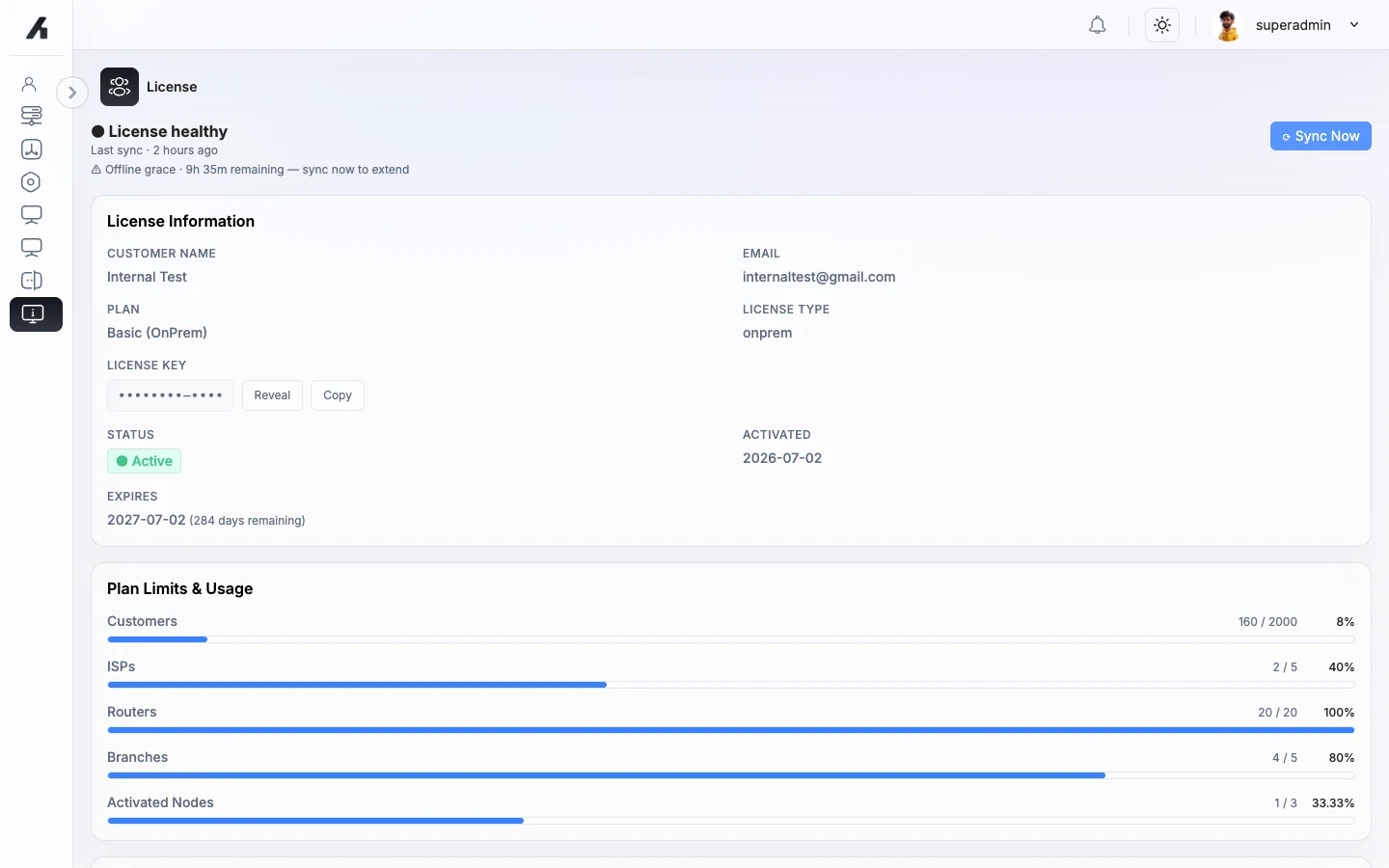 AltRadius License page showing license health, synchronization status, plan information, and usage limits with the license key fully masked.