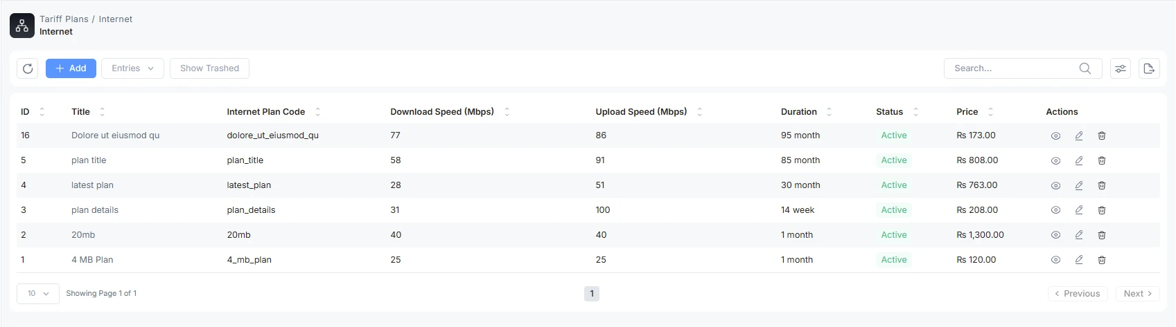 Internet tariff plan list with plan management actions